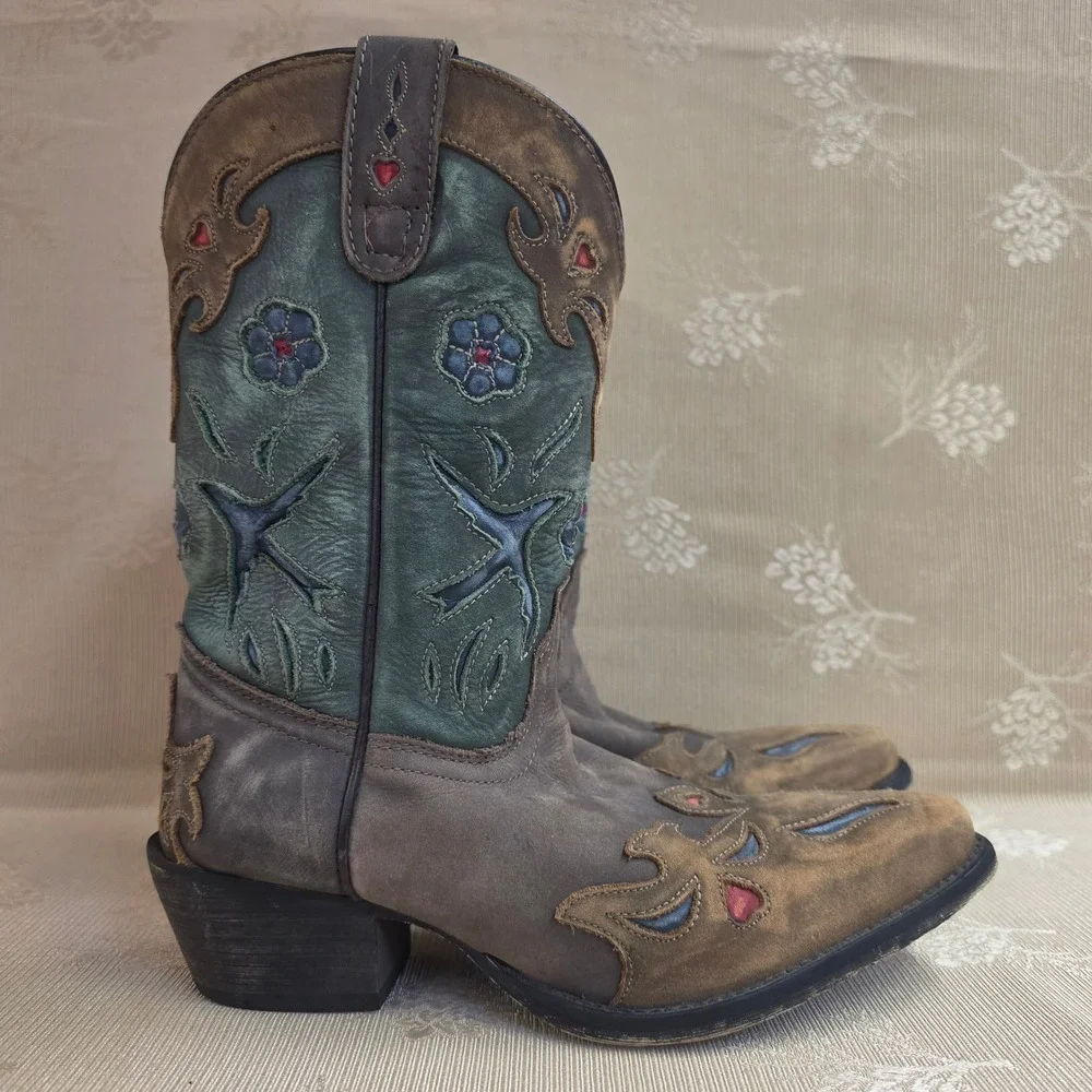 Dan Post Kids Brown Teal Leather Floral Western Cowboy Boots DPC-3151 Size 5M